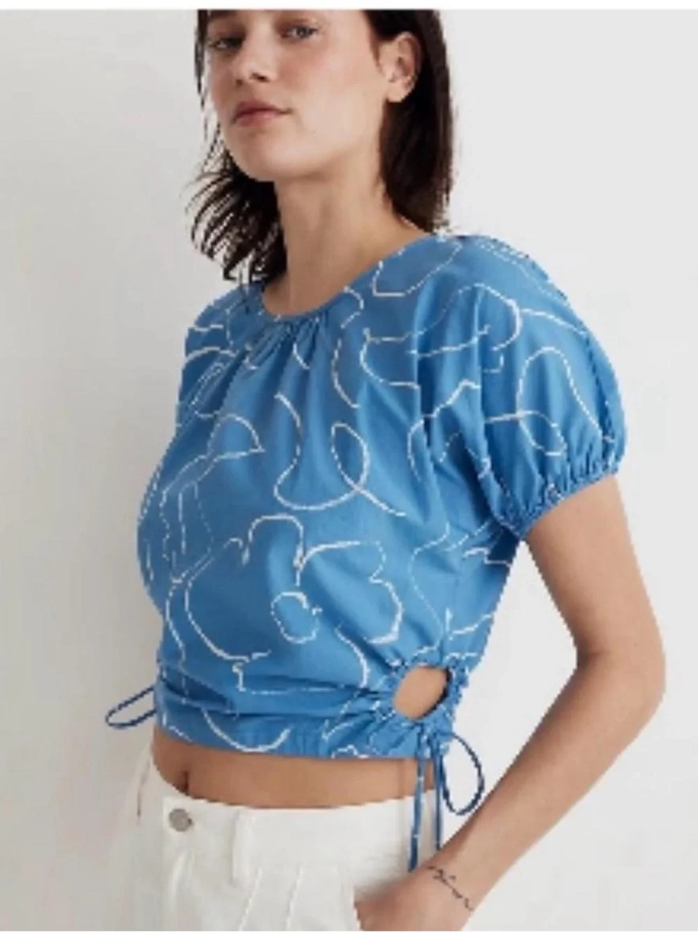 Madewell Blue Floral Drawstring Puff Sleeve Crop Top